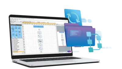 A laptop displaying the ETAS INCA-FLOW software interface for automating calibration workflows, with abstract icons symbolizing processes and data flow.