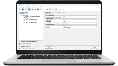 Screenshot of the ETAS INCA-LIN software interface showing hardware device settings, LIN monitoring parameters, and dynamic frame configurations.