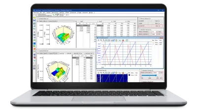 The image shows a digital dashboard displaying real-time ECU data and metrics on a computer screen. It highlights connectivity via EtherCAT or iLinkRT™, and depicts a sleek, high-tech test bench setup for INCA-MCE's rapid measurement and calibration capabilities.