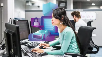 Two cybersecurity professionals analyzing data on computer screens.