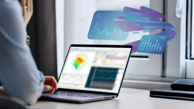 Engineer analyzing automotive measurement and calibration data on a laptop using ETAS software, with visual overlays representing real-time analytics, signal processing, and engineering insights.