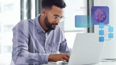 Engineer working on a laptop with ETAS software, featuring AI-driven analytics, machine learning, and workflow automation visualizations for automotive software development.