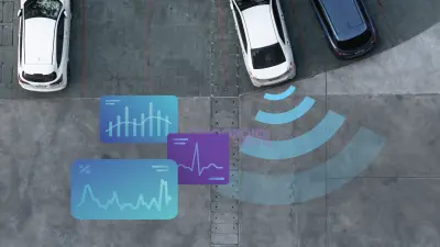 Aerial view of parked vehicles with wireless signal waves and overlaid data analytics dashboards.
