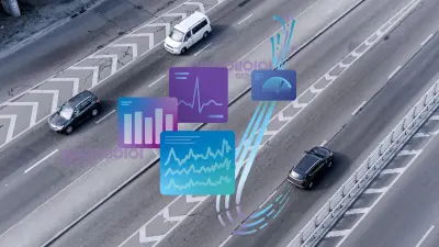 Overhead view of vehicles on a highway with overlaid telemetry, performance, and measurement data graphics.