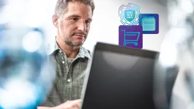A man at a laptop with icons for a shopping cart, data security, and database, representing secure e-commerce.