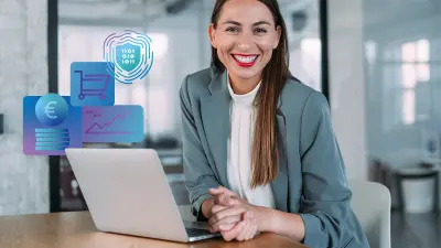 A smiling businesswoman with a laptop, next to icons representing secure e-commerce, finances, and analytics.