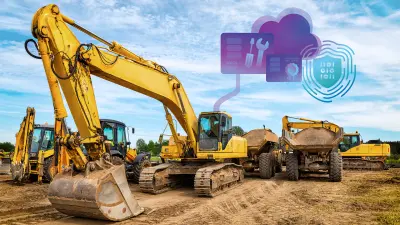 Des pelles mécaniques jaunes sur un chantier de construction, associées à des icônes représentant le cloud, symbolisant la maintenance numérique et la sécurité des données.