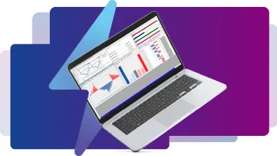 The illustration depicts a stylized, futuristic flash with a laptop