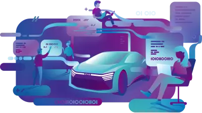 The illustration depicts a stylized, futuristic car surrounded by various people collaborating with each other in person or digitally.
