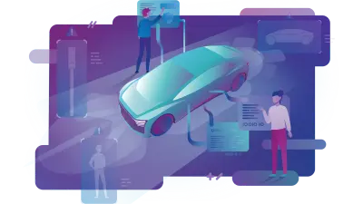 这幅插图描绘了一辆造型独特的未来派汽车,周围环绕着人、交通信号灯和其他车辆。它象征着通过传感器识别自动驾驶中的物体。汽车旁边的两名开发人员正在对 ADAS/AD 功能软件进行编码和优化。鲜艳的色彩传达出一种创新的感觉。