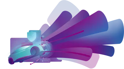 The illustration depicts a stylized, futuristic car enveloped by dynamic, multi-colored arcs and lines, symbolizing the integration of advanced cybersecurity measures in automotive technology by ETAS. The vibrant gradients and motion elements convey a sense of speed, innovation, and digital protection.