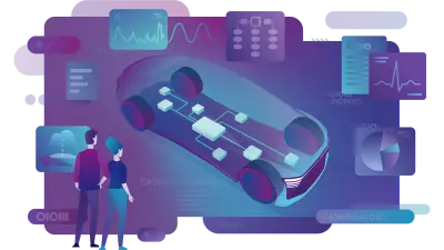 图形描述了两名工程师正在观看一块虚拟板,上面有一辆玻璃汽车,突出显示了电子/电子架构