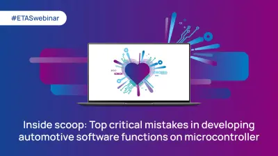 Laptop displaying a heart made of circuit elements, representing ETAS webinar on automotive software development for microcontrollers.