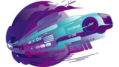 插图展示了一辆色彩鲜艳的未来主义软件定义车辆,周围环绕着动态数字元素,象征着速度、数据流和软件集成.