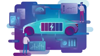 The illustration depicts a stylized, futuristic car surrounded by people and diagrams.