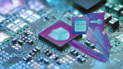 Close-up of a computer circuit board featuring the CycurHSM, a hardware security module by ETAS, highlighting its role in embedded systems security.