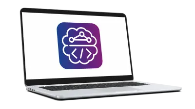 Laptop displaying the Embedded AI Coder logo, featuring a brain with connected nodes (neural network) and a code symbol (</>). The logo symbolizes the conversion of trained neural networks into optimized C-code for microcontrollers and microprocessors, enabling efficient AI integration.