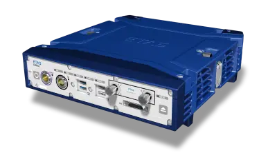 An image of a rectangular blue and white ES820 driver recorder module with different sockets